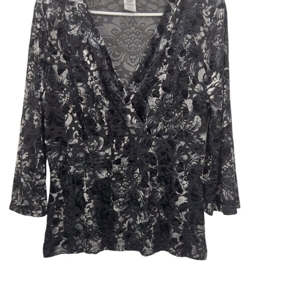 Vintage Y2k Nine West Black-Silver Floral Velvet Stretch Blouse SZ Large - Picture 6 of 12